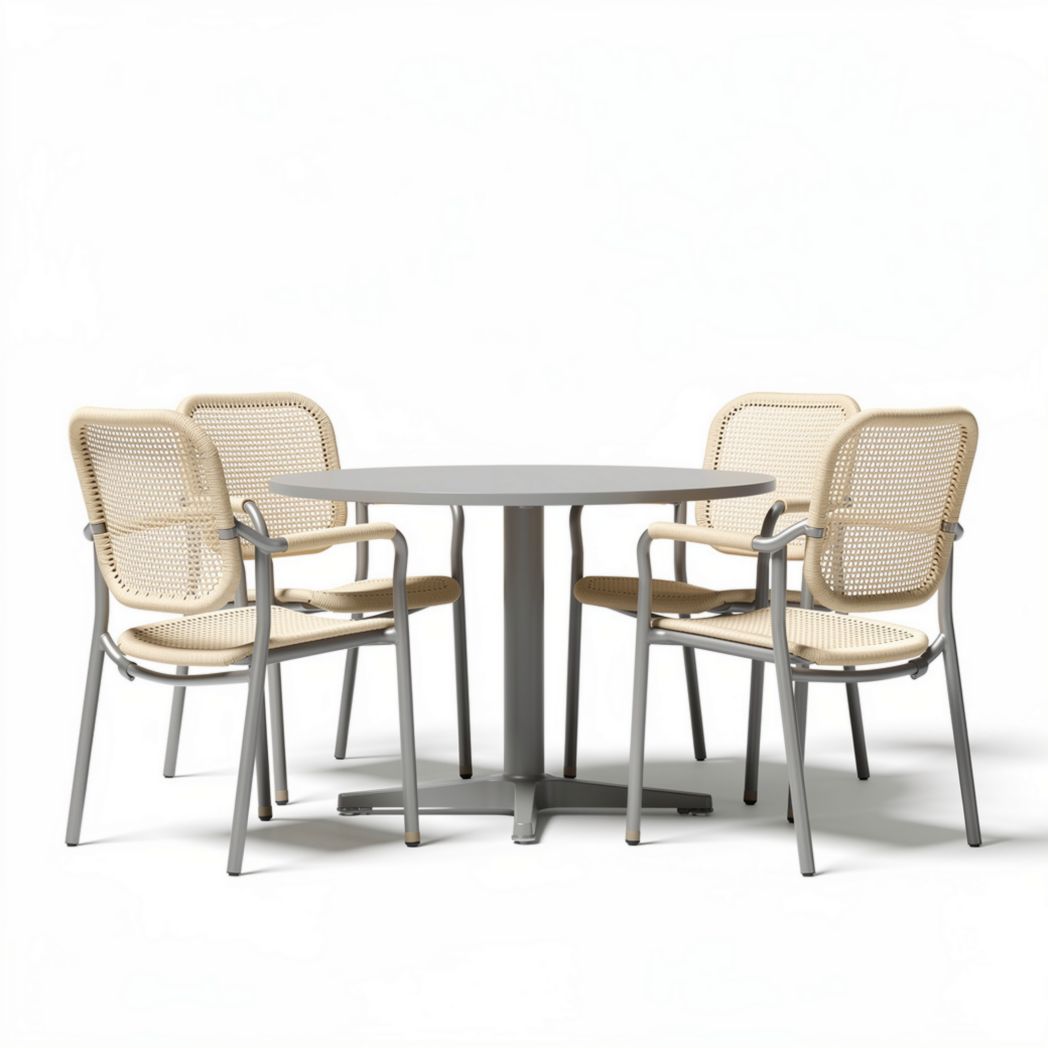 Essgruppe aus Aluminium und Kunststoff mit runden Tisch und vier Stühlen in beige 75 x 75 x 75cm