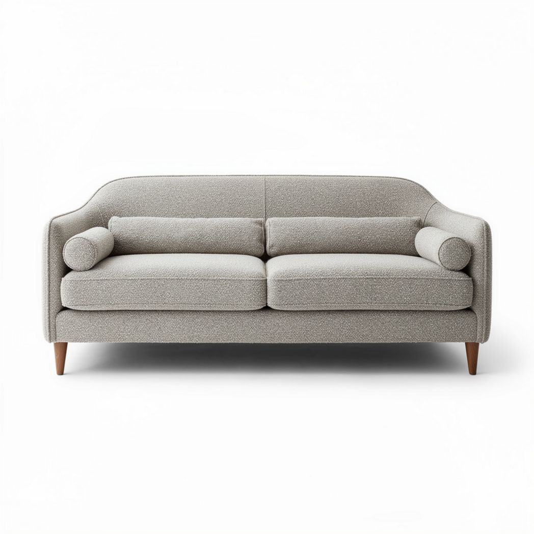 Sofa aus grauem Stoff mit zwei Kissen und Holzbeinen 200 x 80 x 90cm