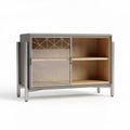 Sideboard mit glastür aus metall und holz in grau und natur 80 x 40 x 60cm