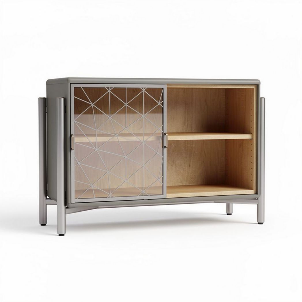 Sideboard mit glastür aus metall und holz in grau und natur 80 x 40 x 60cm