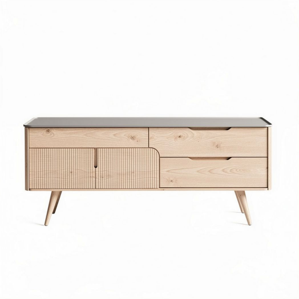 Sideboard aus echtem eichenholz mit schwarzen glasoberfläche 120 x 40 x 50cm